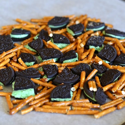 Pretzels and Mint Oreos make the first layer in the Leprechaun Bark.